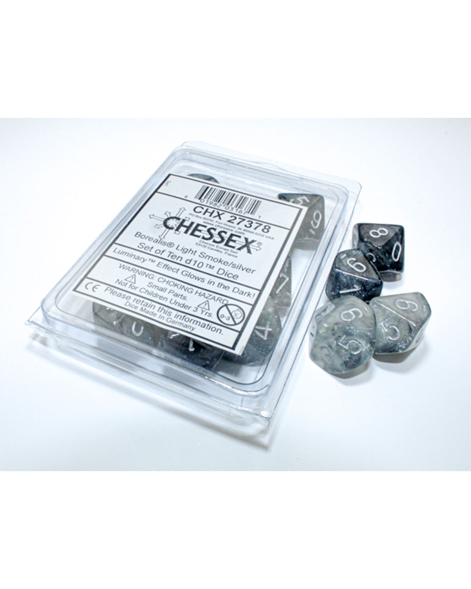 Kockice Chessex - Borealis - Luminary - Light Smoke & Silver - Set of Ten d10's 